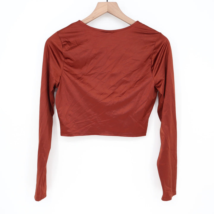 Calia Womens LS Ruched Rashguard Red Brown Shine UPF 50+ Crop Swim Top M NEW