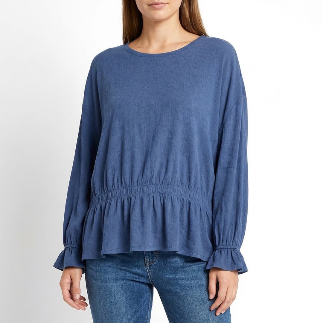 Simply Vera Vera Wang Peplum Top Womens XL Blue Ruffled Cuffs Sleeve Round Neck