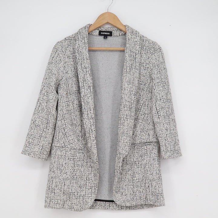 Express Womens XS Black White Textured Open Front Longline Blazer Jacket