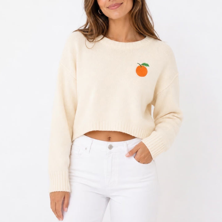 Sincerely Jules Cream Embroidered Orange Fruit Knit Cropped Sweater Womens M