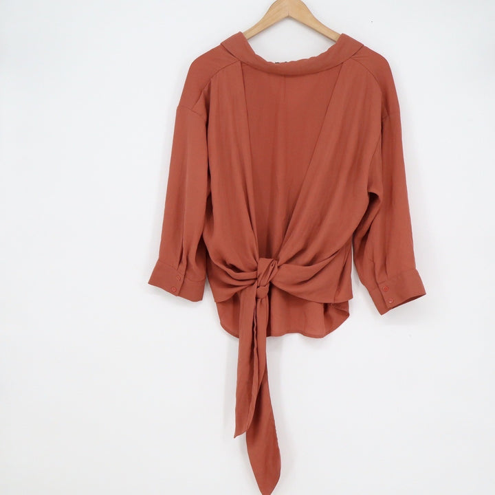 Forever 21 Contemporary Rust Terracotta Tie Back V-Neck 3/4 Sleeve Blouse Large