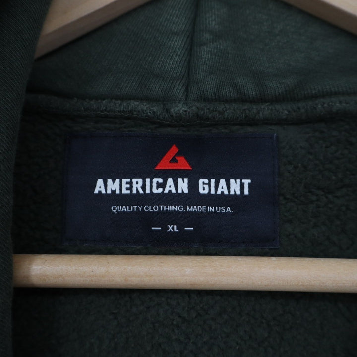 American Giant Hoodie Unisex XL Deep Olive Mineral Wash Logo Fleece Lined Cotton