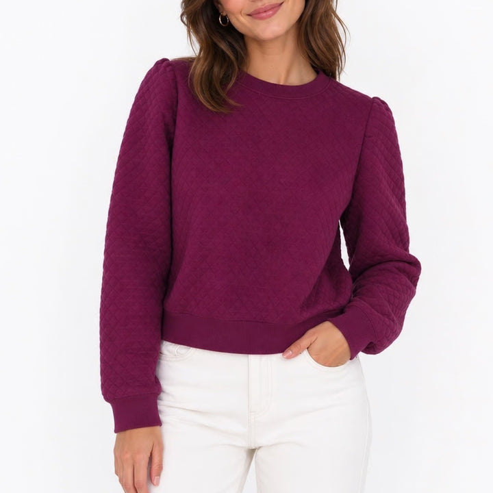 Walter Hagen Womens L Clubhouse Pullover Crew Beet Quilted Puff Sleeve