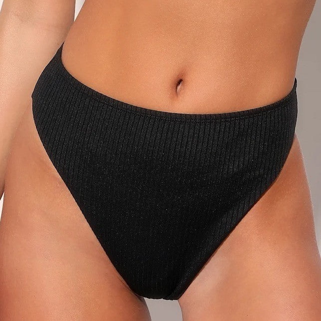 Lulus Black Ribbed High Waisted Bikini Bottoms Size M