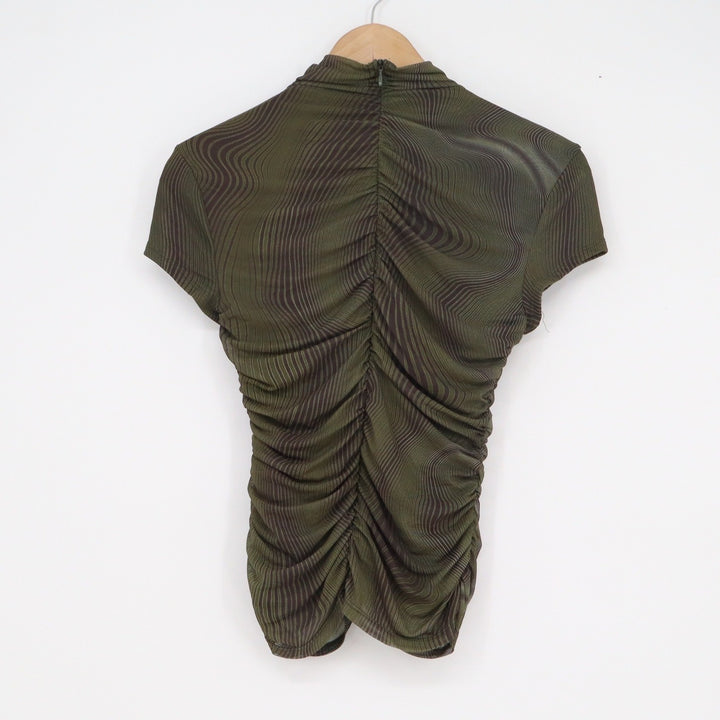 Zara Womens Olive Green Psychedelic Wave Ruched Back Short Sleeve Top Size M