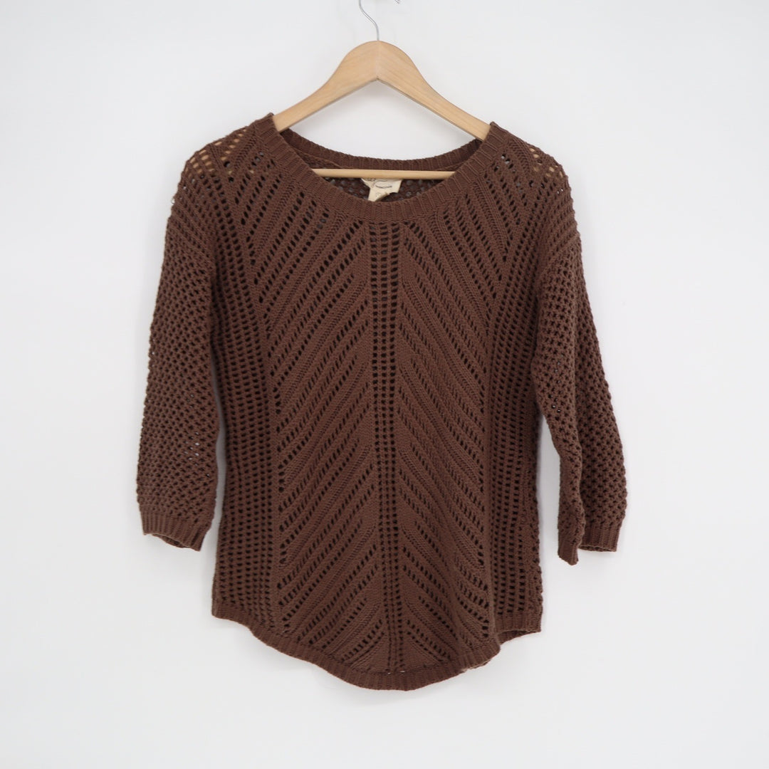 Andrea Jovine Brown Open Knit Chevron Crochet Sweater 3/4 Sleeve Womens Medium