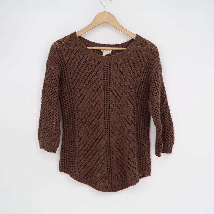 Andrea Jovine Brown Open Knit Chevron Crochet Sweater 3/4 Sleeve Womens Medium