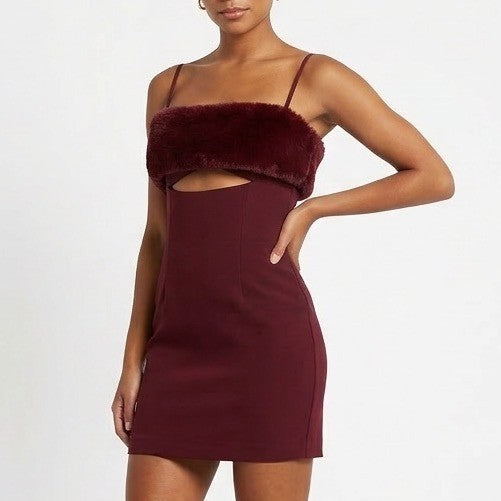 Naked Wardrobe Marron Burgundy Faux Fur Trim Cutout Back Mini Dress Small