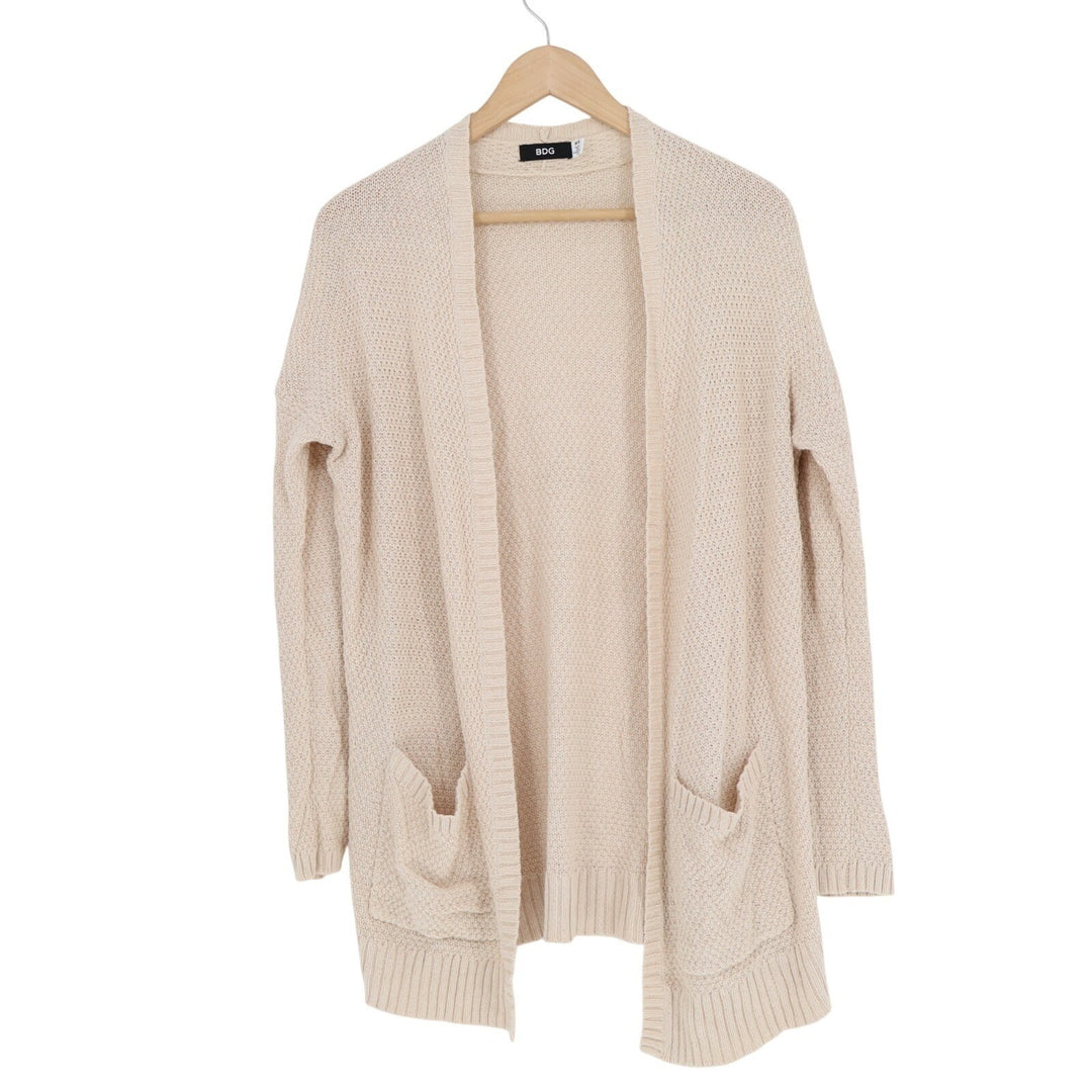 BDG Cardigan Sweater Womens Medium Beige Cotton Chunky Knit Pocket Open Front