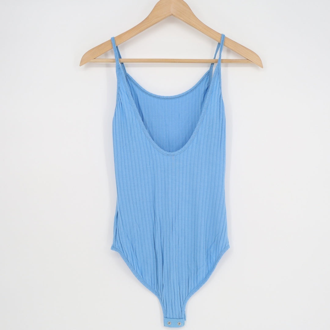 Out From Under Bodysuit Womens M Blue Stretch Knit Scoop Neck Spaghetti Strap