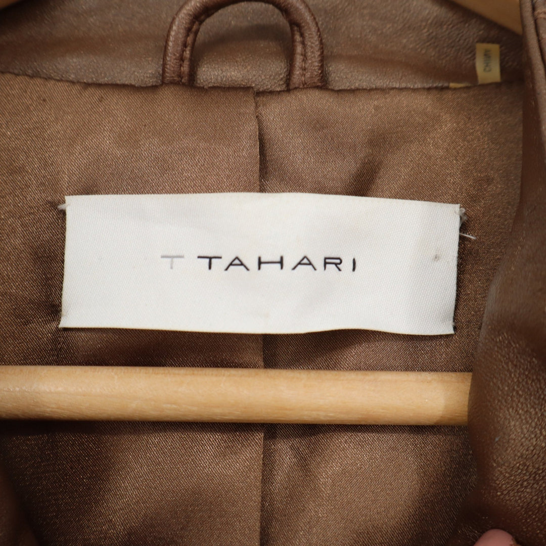 T Tahari Womens Bronze Brown Leather Open Front Jacket Stand Collar