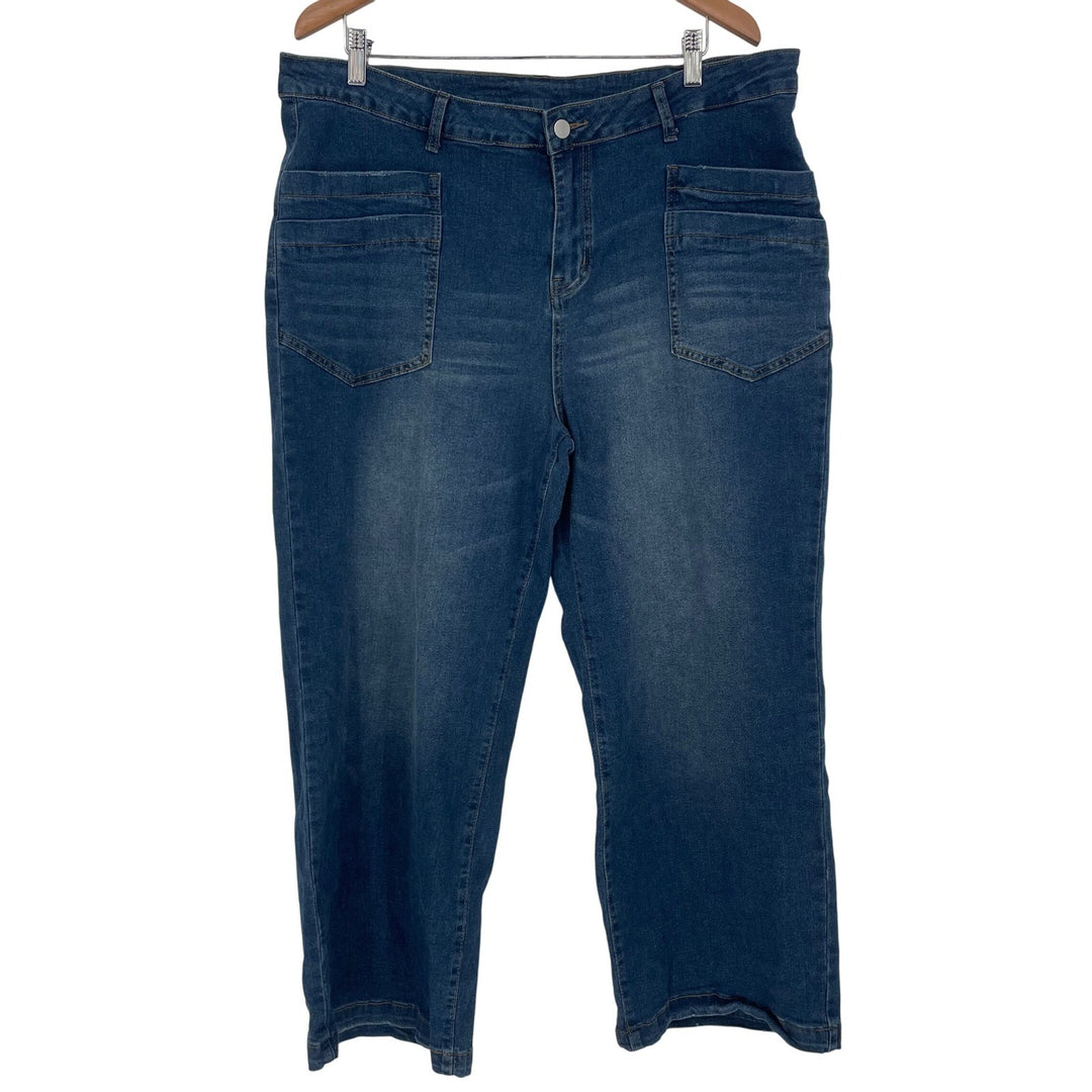 Plus Size 3XL Denim Jeans Wide Leg Cropped High Rise Pockets Blue