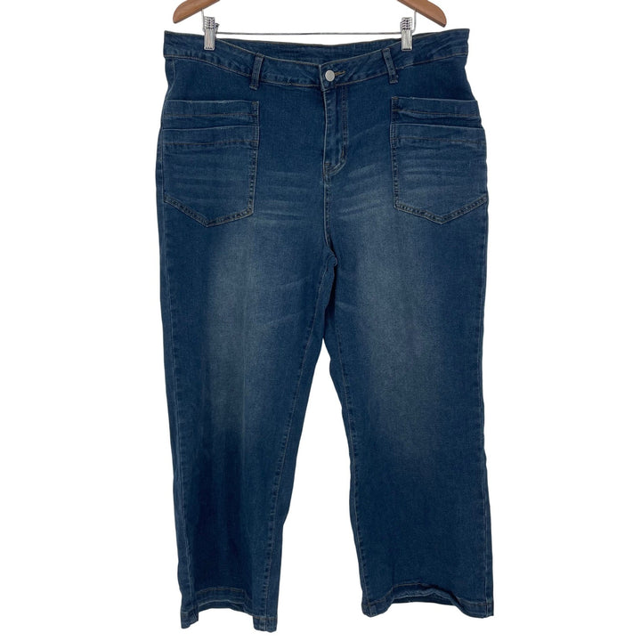 Plus Size 3XL Denim Jeans Wide Leg Cropped High Rise Pockets Blue