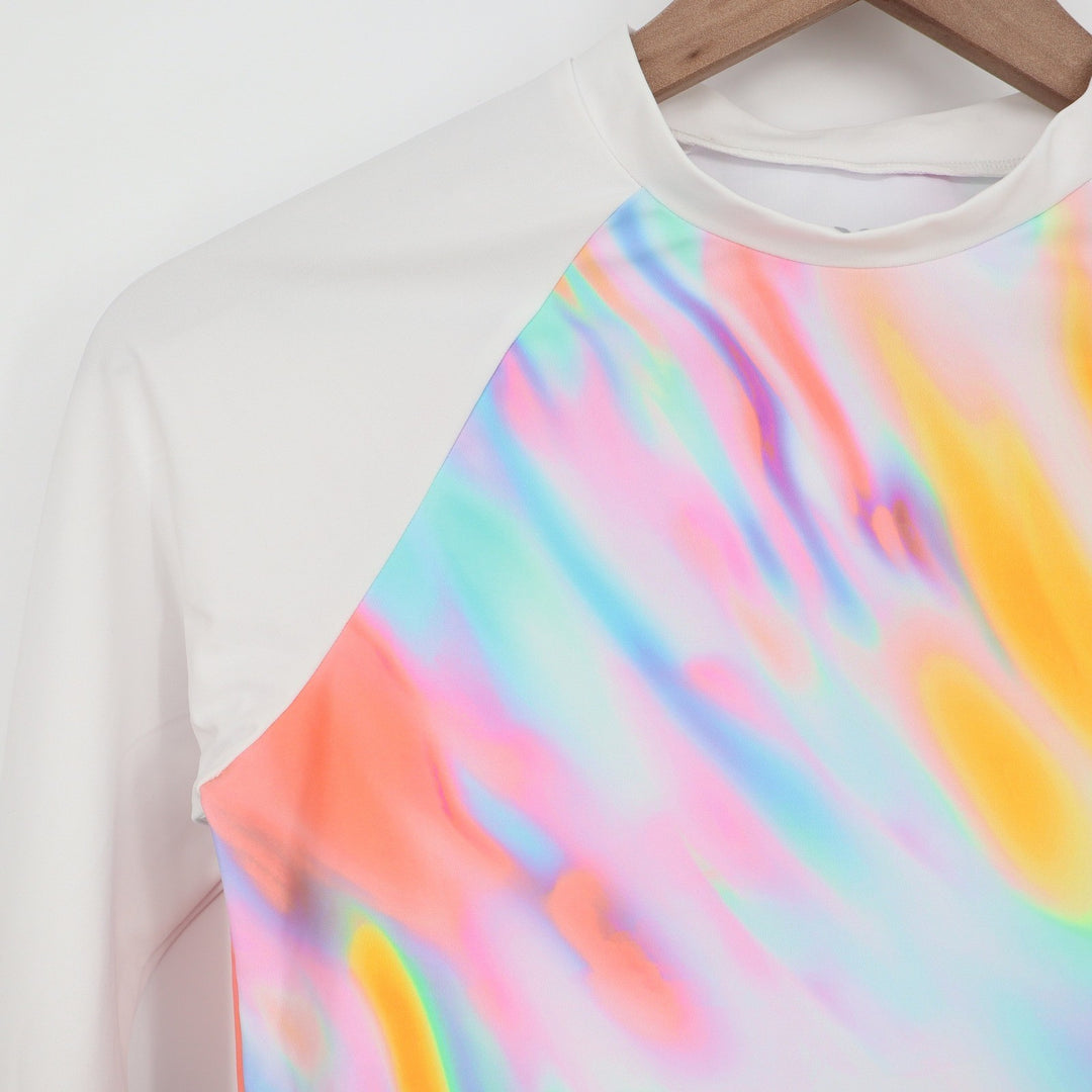 DSG Girls L 10-12 Long Sleeve Rash Guard White Multi Abstract UPF 50+