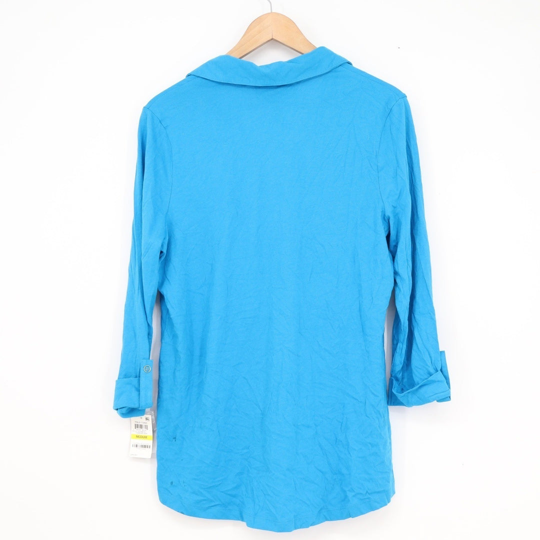 Karen Scott Womens Hawaiian Surf Blue Polo Tunic Top V-Neck Roll-Tab Medium NWT