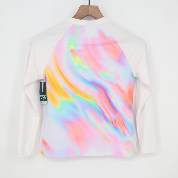 DSG Girls L 10-12 Long Sleeve Rash Guard White Multi Abstract UPF 50+