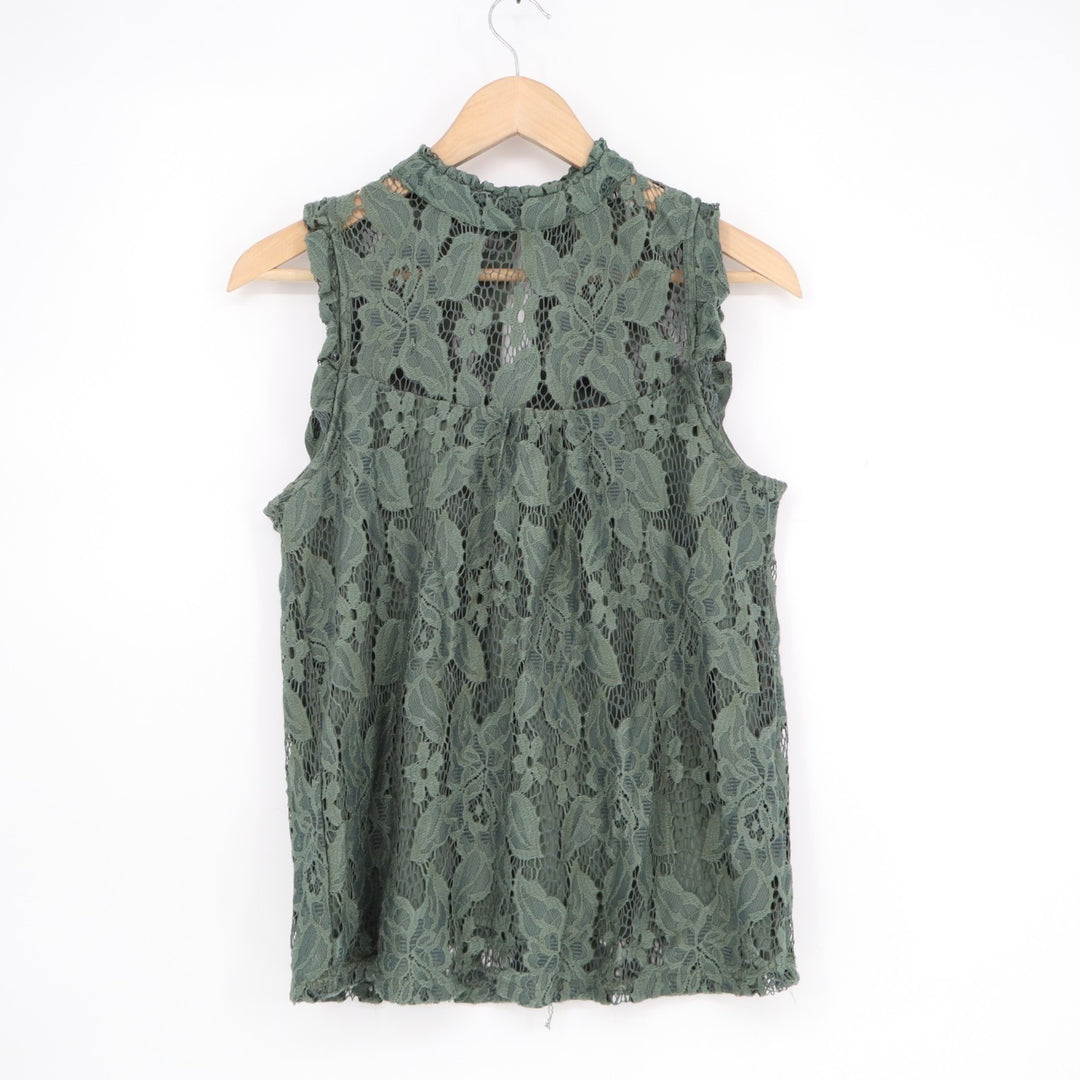 Lily White Blouse Womens S Sage Green Floral Lace Mock Neck Sleeveless Pullover
