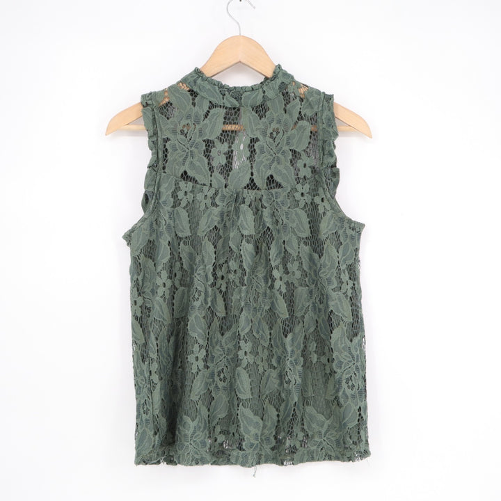 Lily White Blouse Womens S Sage Green Floral Lace Mock Neck Sleeveless Pullover