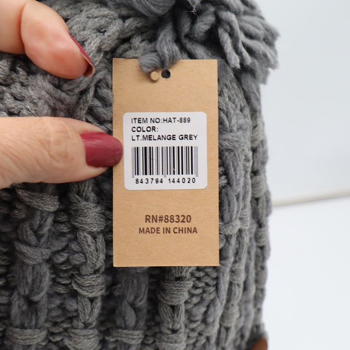 C.C Beanie Women OSFM Lt. Melange Grey Pom-Pom Cable Knit New