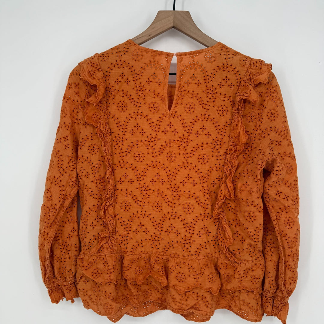 The Great Eyelet Ruffle Flutter Top Womens 3 Rust Orange Cotton Keyhole Back