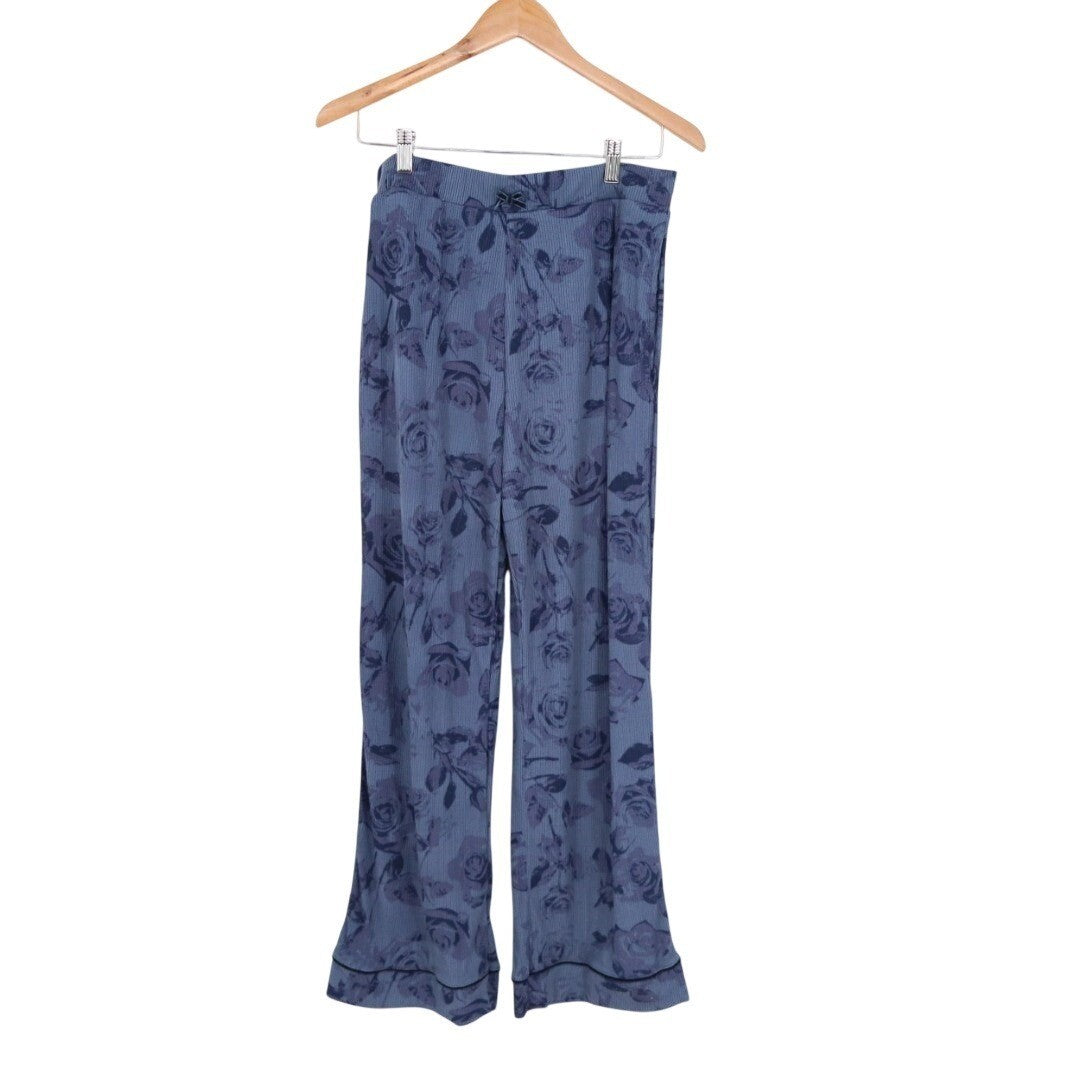 Pajama Pants Women Large Blue Floral Knit Stretch Ribbed Elastic Waist Straight