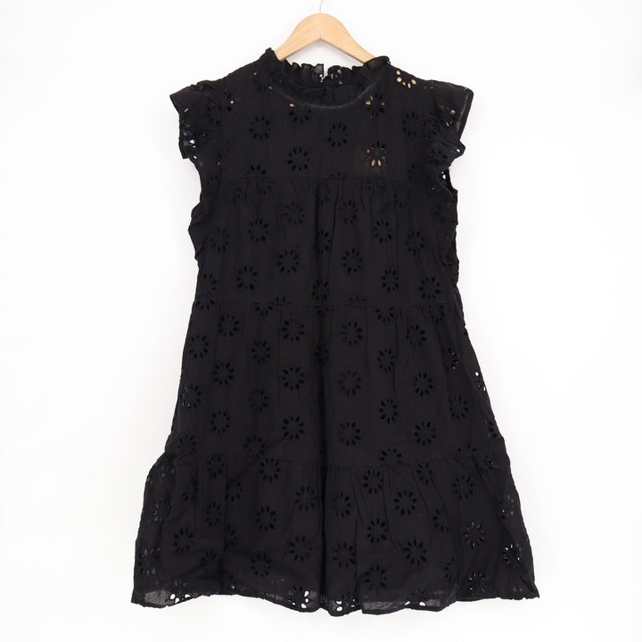 Entro Black Floral Eyelet Tiered Mini Dress Ruffle High Neck L