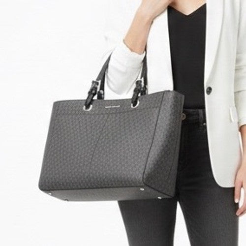 Michael Kors Signature MK Logo Jacquard Tote Bag Black Gray Shoulder Bag
