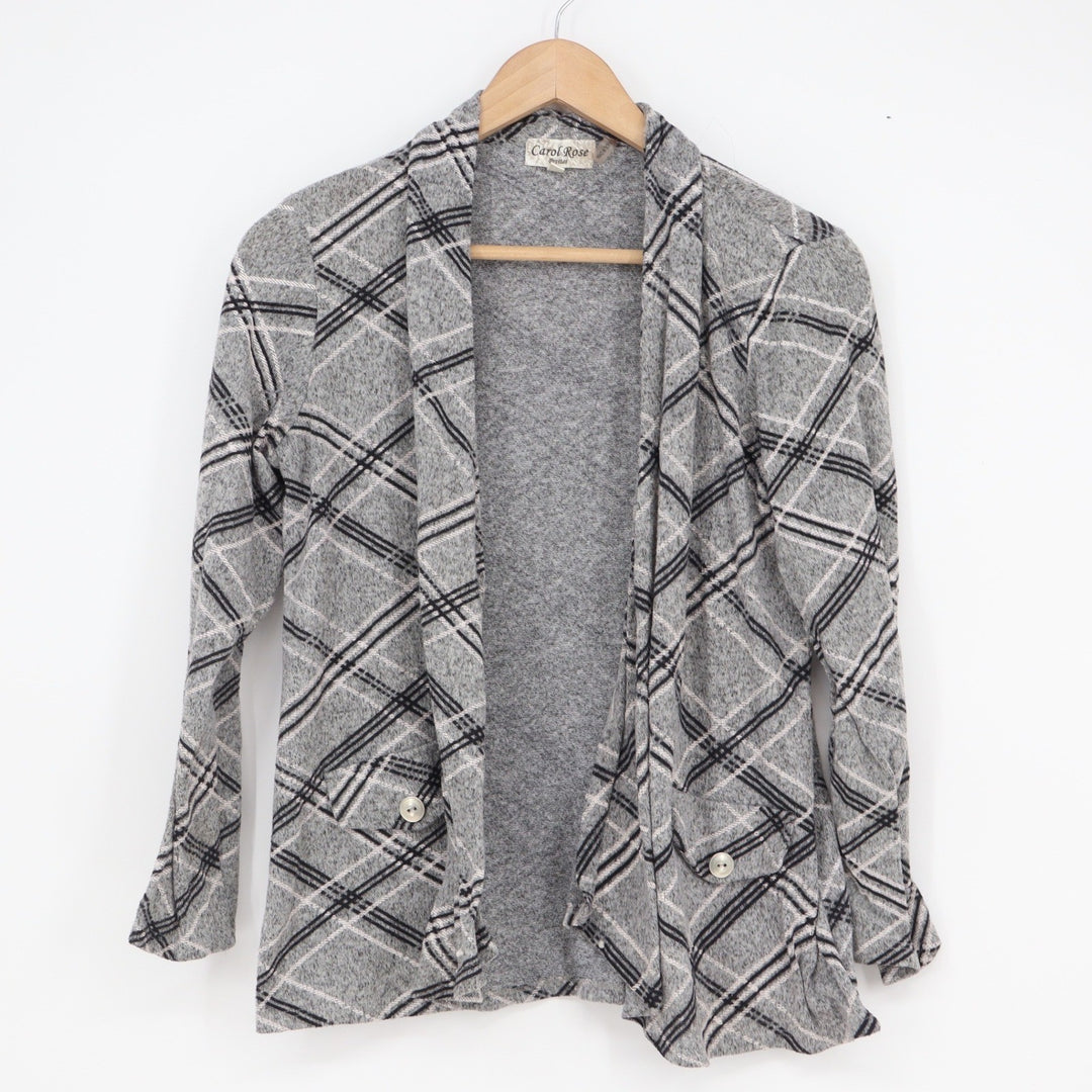 Carol Rose Petites Grey Plaid Open Front Cardigan Shawl Collar Size PL