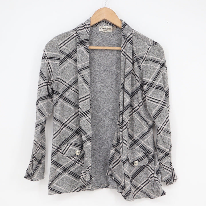 Carol Rose Petites Grey Plaid Open Front Cardigan Shawl Collar Size PL