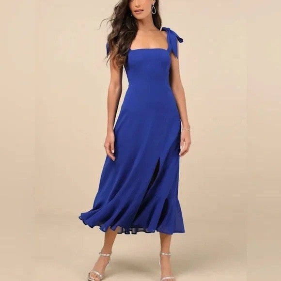 Lulus Summer Invite Royal Blue Tie-Strap Tiered Midi Dress Size M