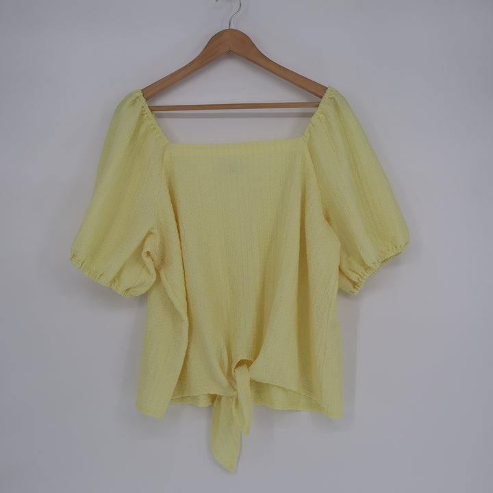Loft Crop Top Womens XL Butter Yellow Stretch Tie Hem Square Neck Short Sleeve
