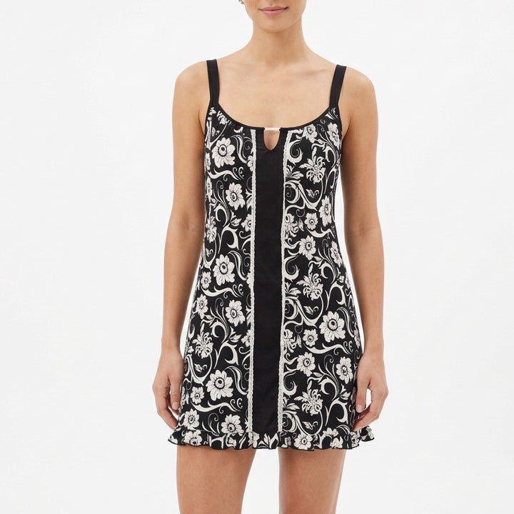 Studio Donatella Pajama Top Womens Large Black White Floral Stretch Ruffle Hem