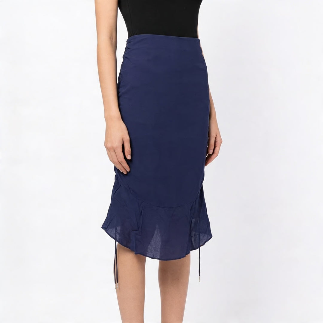 Finders Navy Blue Ruched Back High-Low Midi Skirt Size S Viscose Zipper Ruffle