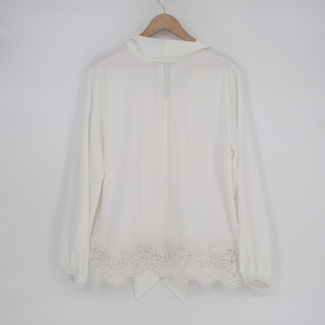 Adrianna Papell Tunic Top Women's Large White Lace Hem Long Sleeve Tie Neck