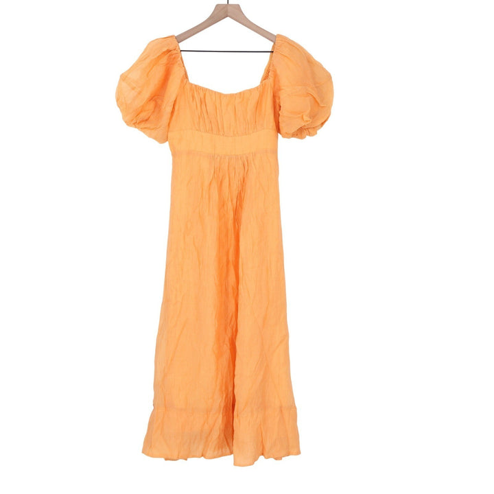 Showpo Roshine Orange Puff Sleeve Straight Neck Midi Dress Size 4