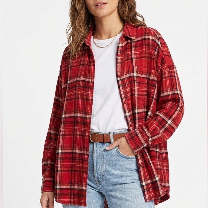 Free People We The Free Flannel Shirt Womens Small Red Plaid Viscose Button Up