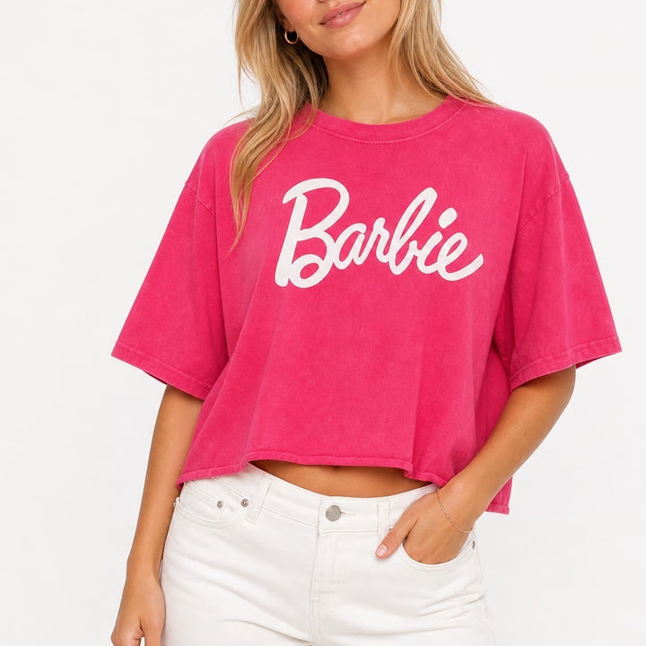Barbie Pink Mineral Wash Cropped Graphic T-Shirt Logo Cotton Large
