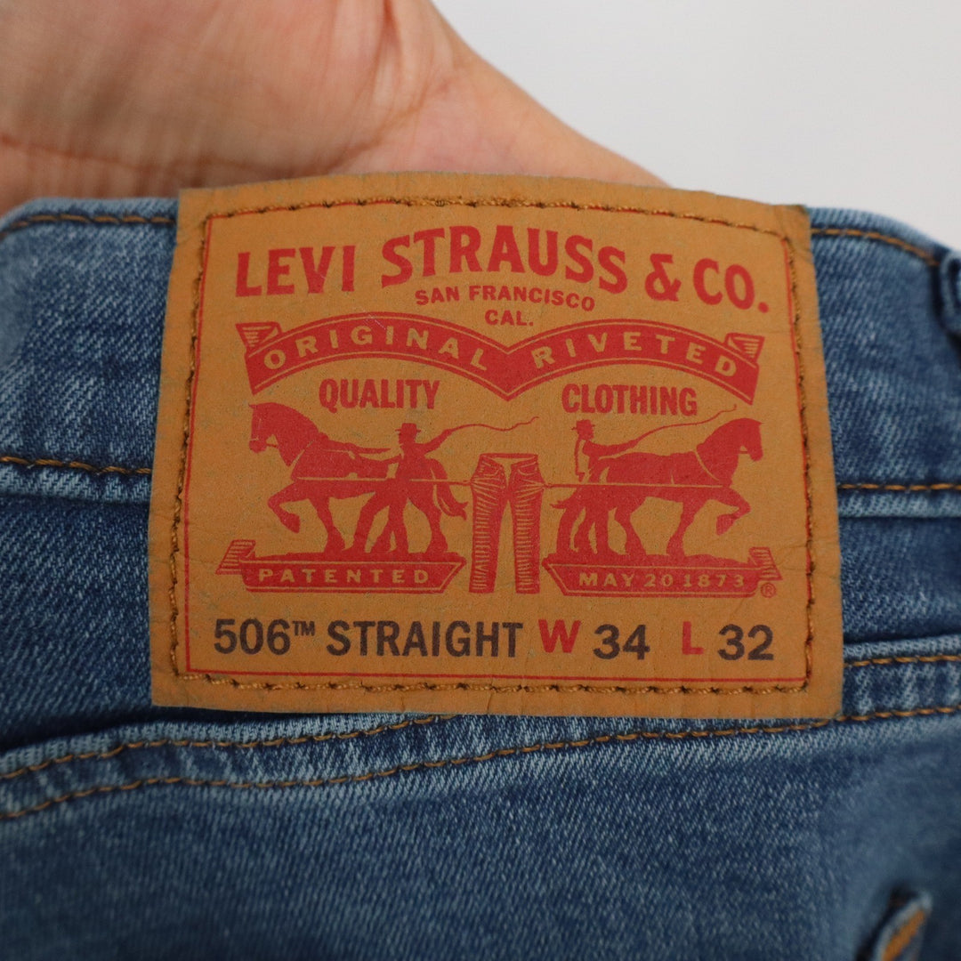Levis 506 Straight Leg Mens Jeans Medium Wash Blue Denim 34x32 Stretch