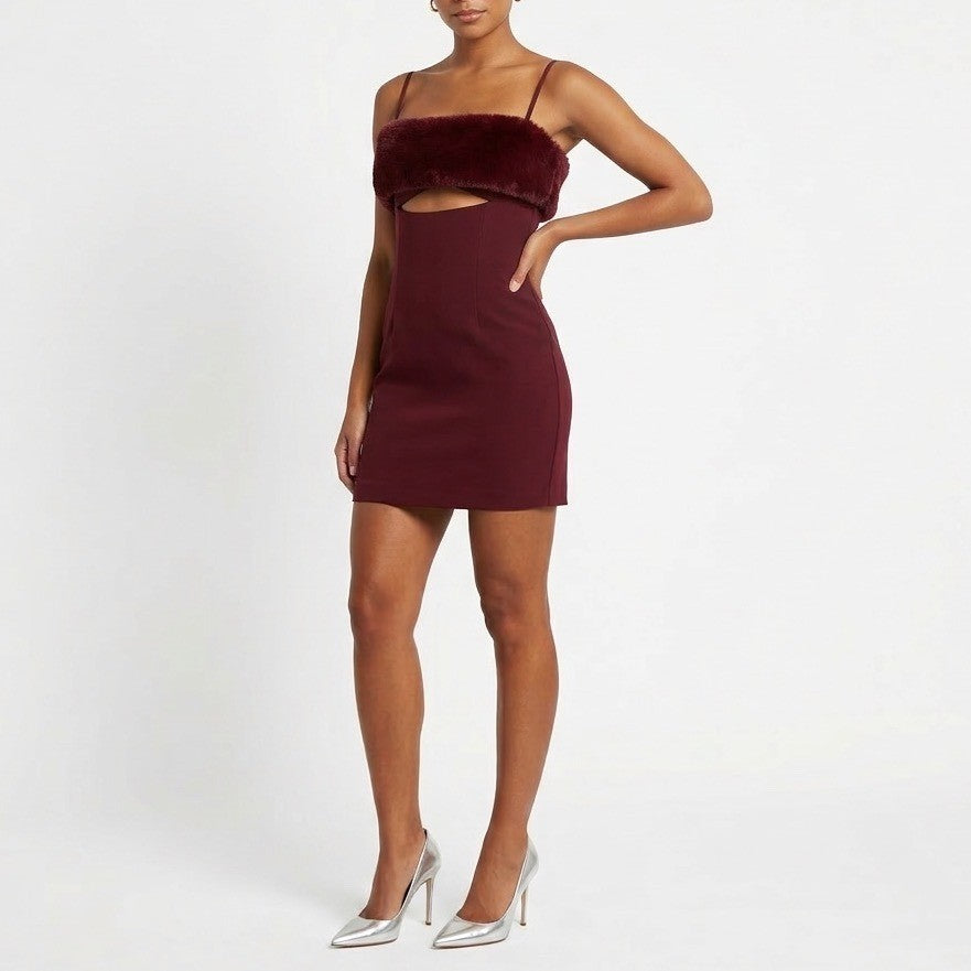 Naked Wardrobe Marron Burgundy Faux Fur Trim Cutout Mini Dress Size L