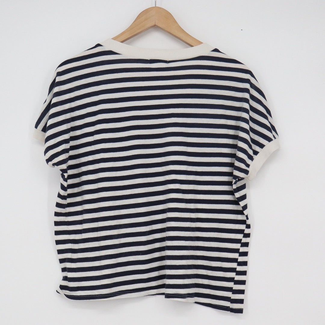 BP Nordstrom Womens Striped V-Neck T-Shirt Navy Blue Cream Size L
