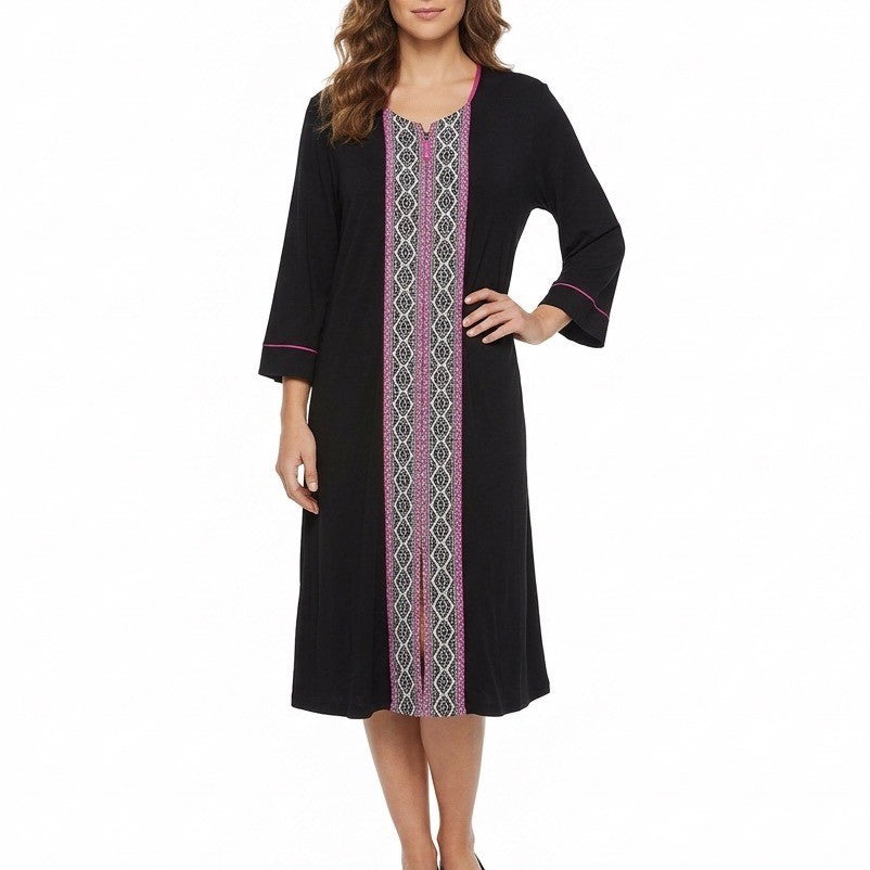 Ellen Tracy Zip Robe Womens L Black Rayon Geometric Print 3/4 Sleeve Sleep Wear