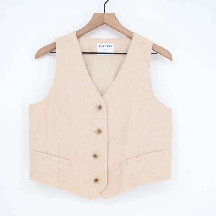 Old Navy Womens Beige Linen Blend Tailored V-Neck Button Front Vest Size M