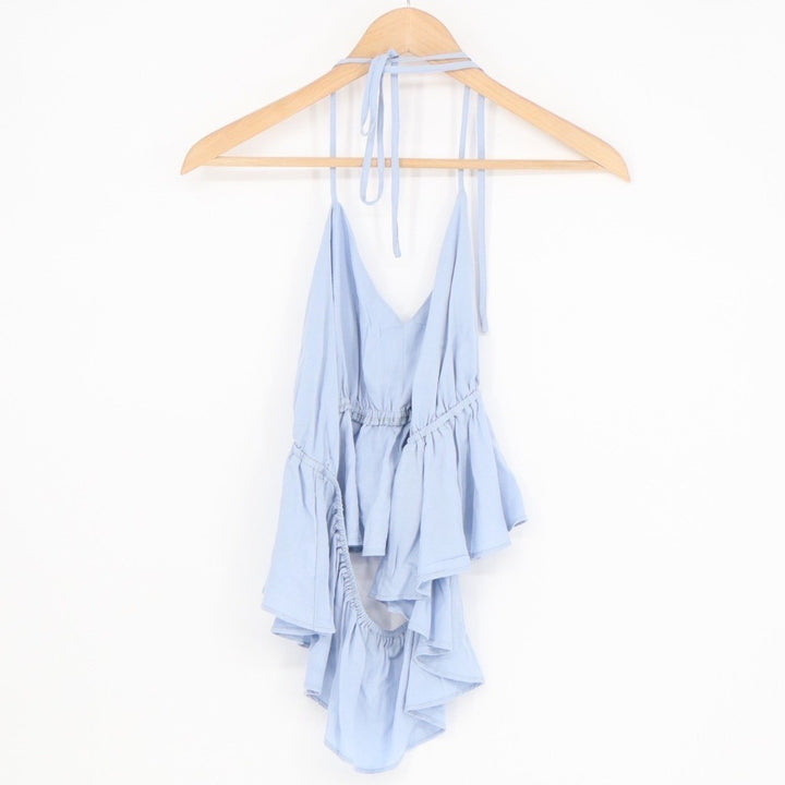 Shein Curve Blouse Womens XL Blue Stretch Cut Out Spaghetti Strap Henley Neck