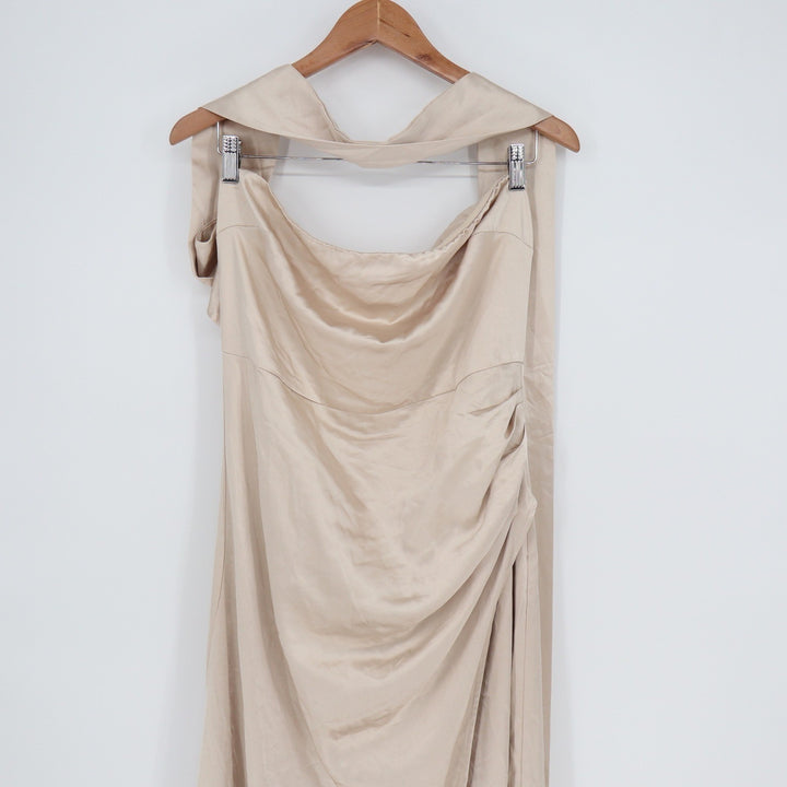 Lulus Champagne Satin Cowl Neck Ruched Maxi Dress XL Sleeveless Side Slit Formal