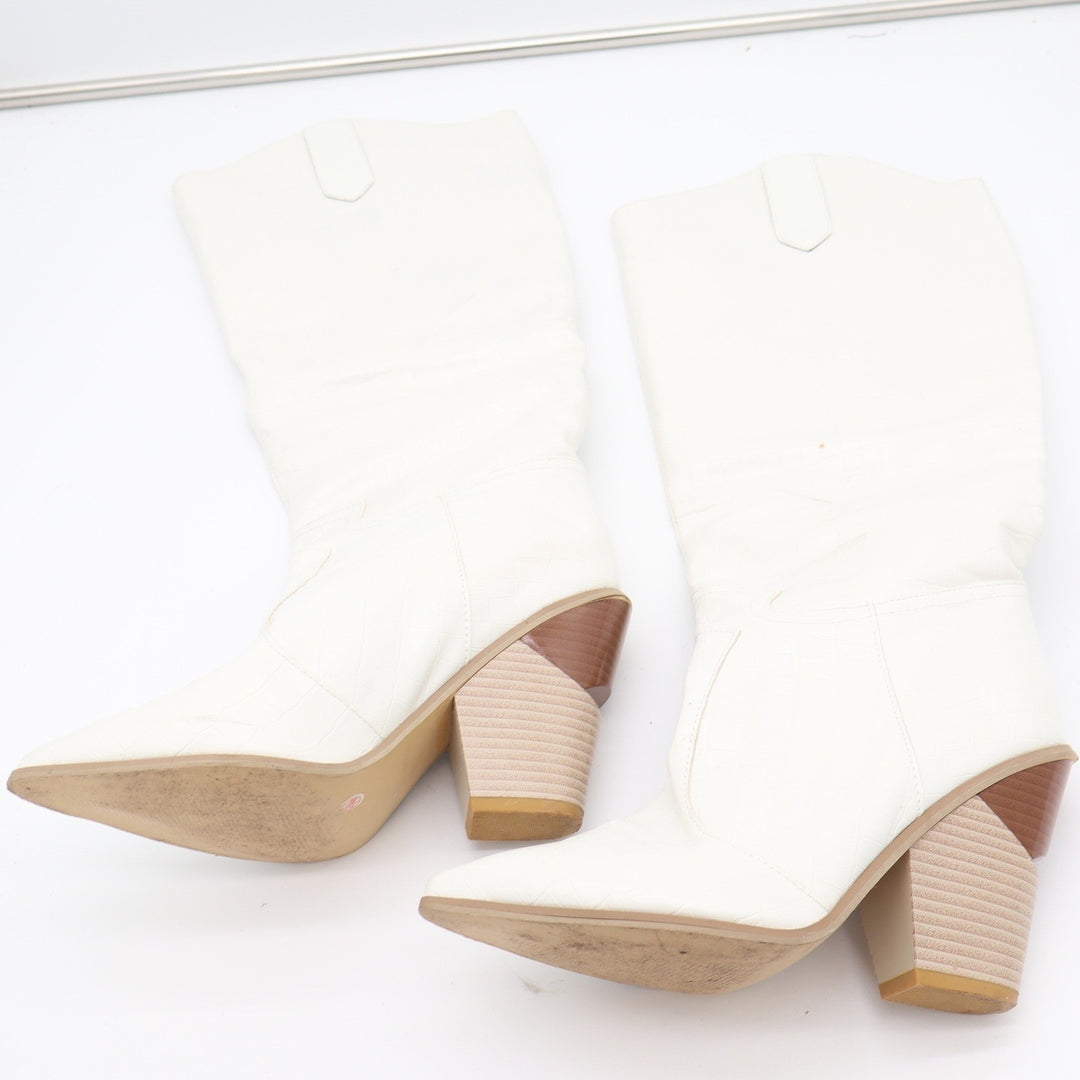 White Croc Embossed Pointed Toe Architectural Block Heel Tall Boots Size 10 41