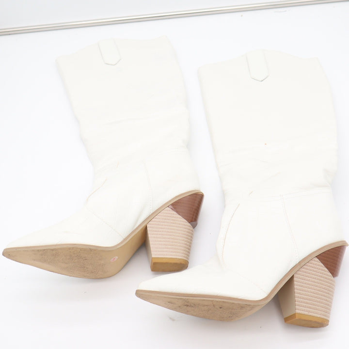 White Croc Embossed Pointed Toe Architectural Block Heel Tall Boots Size 10 41