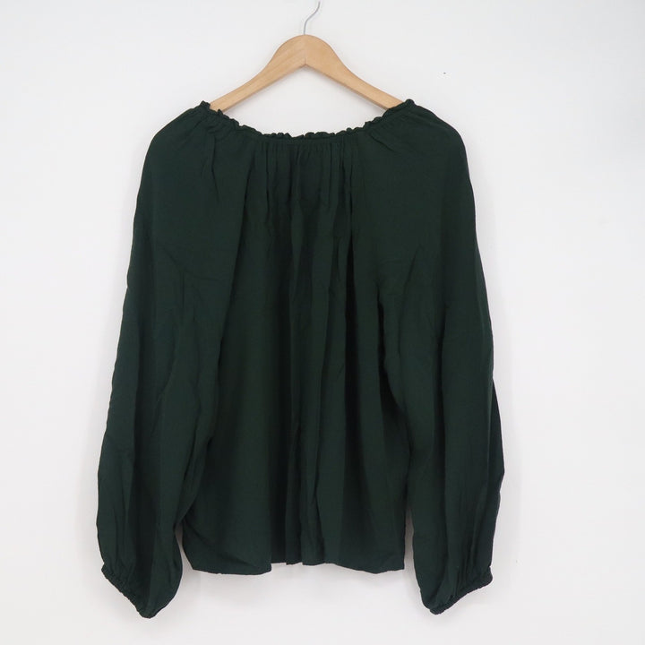 Old Navy Womens XL Dark Green Peasant Blouse Balloon Sleeve V-Neck Rayon Top