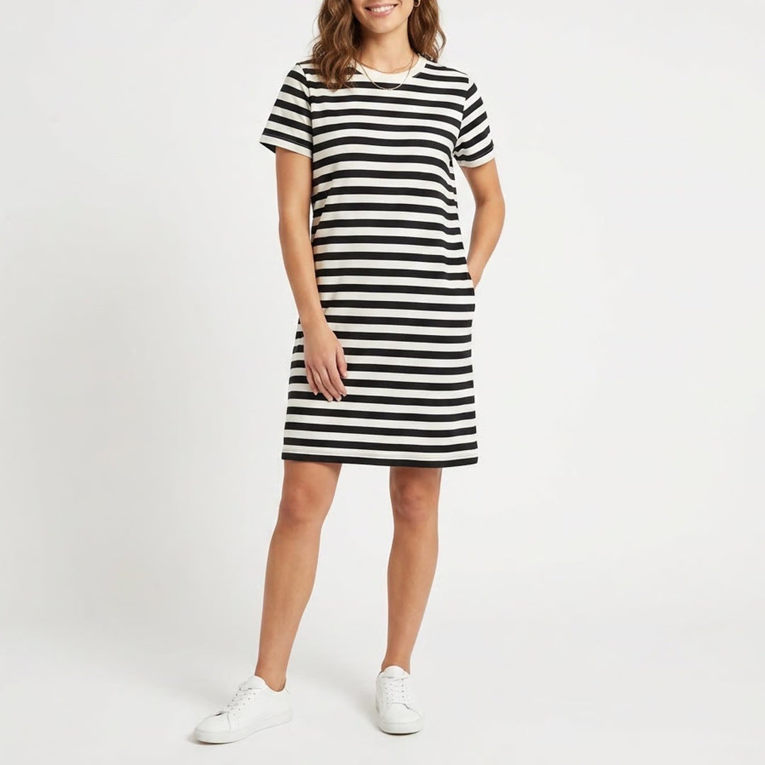 Old Navy Womens Black White Striped Cotton Crew Neck T-Shirt Mini Dress Size M