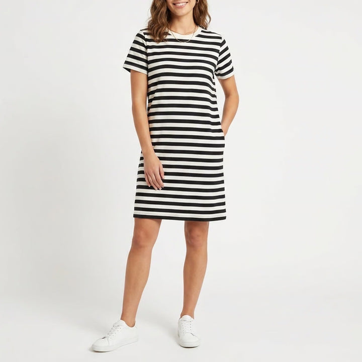 Old Navy Womens Black White Striped Cotton Crew Neck T-Shirt Mini Dress Size M