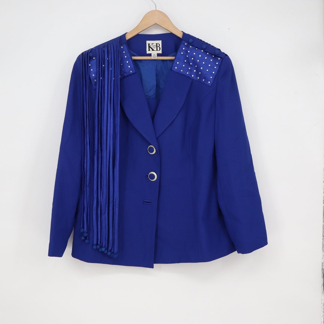 KB Stella Louise Fox Royal Blue Fringe Rhinestone Skirt Suit Set 16W Moon Button